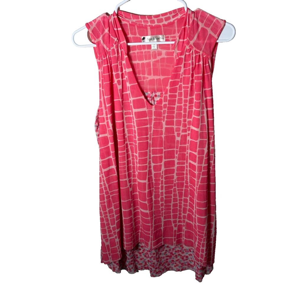 Piper & Sparrow Tank Top Women's 1X Pink Printed V-Neck Sleeveless Mesh Shirt